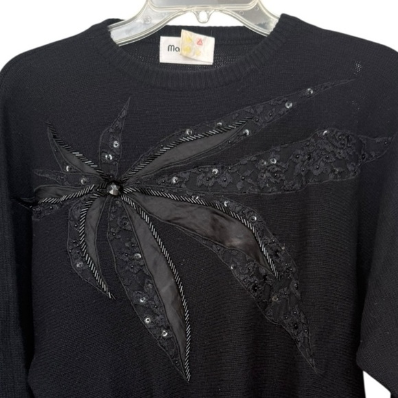 Vtg 80s Beaded Sequin Satin Lace Appliqué Sweater Small Black Lambswool Angora - Picture 5 of 6